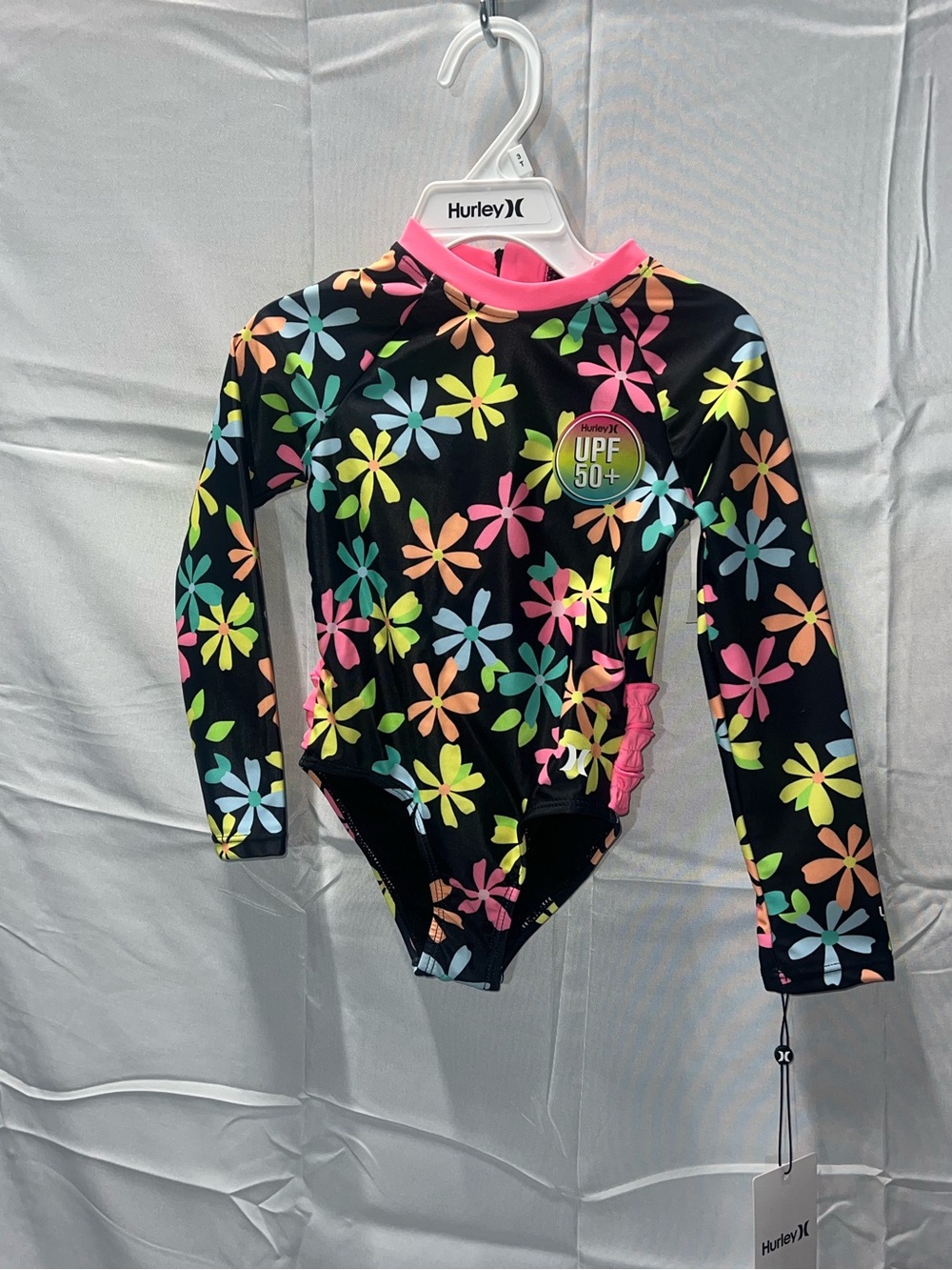 Hurley Black Floral Long-Sleeve One-Piece Swimsuit with Pink Trim